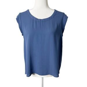 Pleione Women's Chiffon Top Sz S Blue Short Cap Sleeve Pleated Back Blouse Flowy